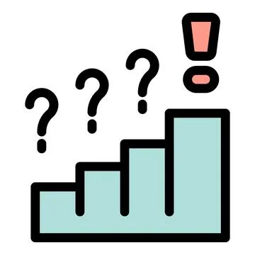 Question marks leading to exclamation point on steps chart 스톡 일러스트