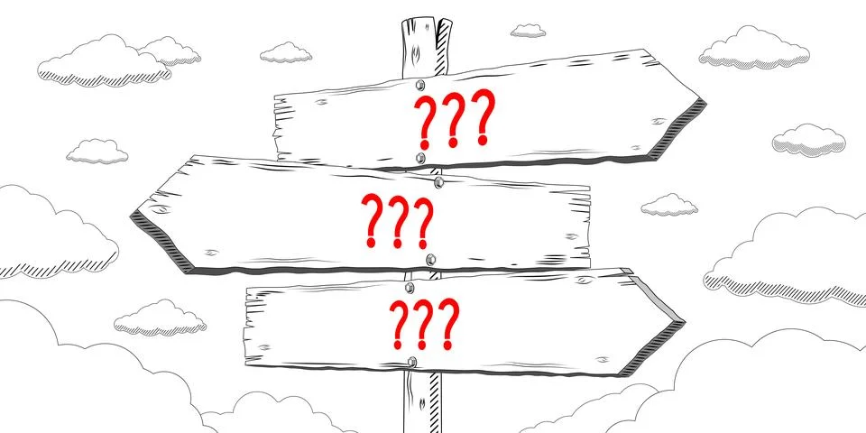 Question marks - outline signpost with three arrows Stock Illustration