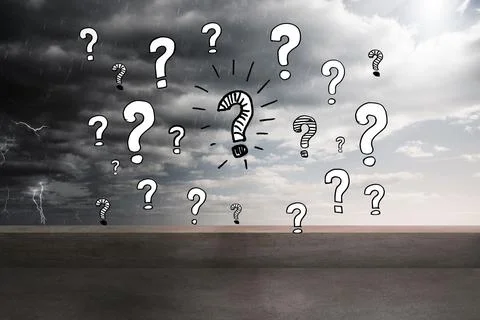Question marks over balcony and stormy sky Ilustración de archivo