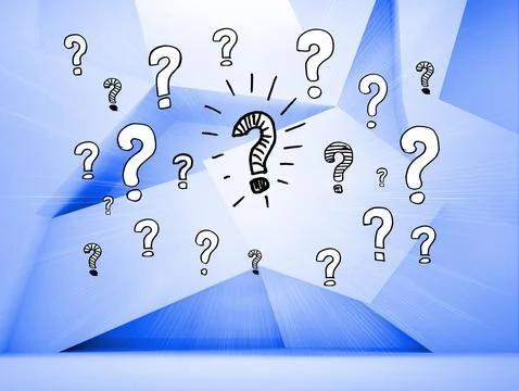 Question marks over blue abstract background Foto stock