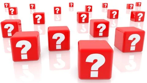 Question marks on red cubes on white Stock Illustration