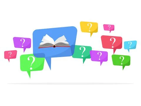 Question marks in speech bubbles and books are signs of having knowledge to s Stock Illustration