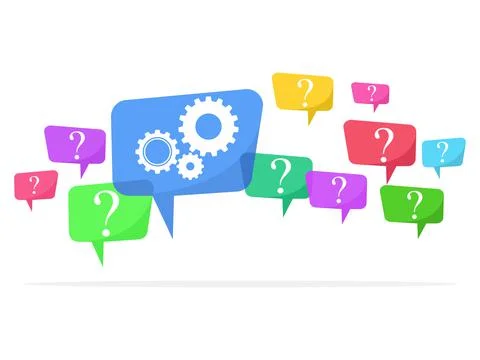 Question marks in speech bubbles and problem solving mechanisms Illustrazione stock