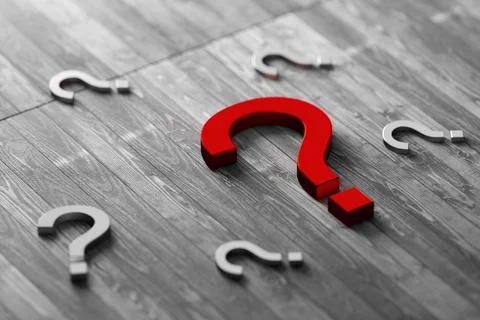 Question marks on a wooden background. Bright red question mark on a wooden b Stock Illustration