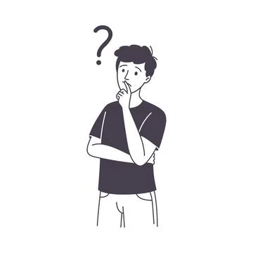 Question with Thoughtful Man Character Scratching Head over Riddle Outline Stock Illustration