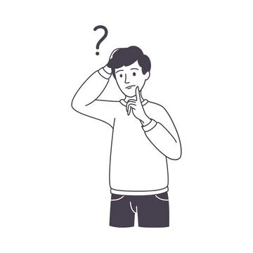 Question with Thoughtful Man Character Scratching Head over Riddle Outline Stock Illustration