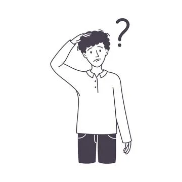 Question with Thoughtful Man Character Scratching Head over Riddle Outline Stock Illustration