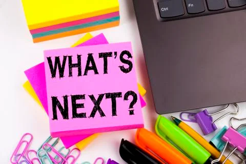 Question What's Next writing text made in the office close-up on laptop compu Stock Photos
