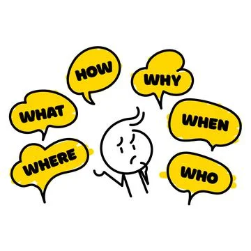 Question who, what, how, why, for what and where. Speech bubble with ask ques Ilustración de archivo