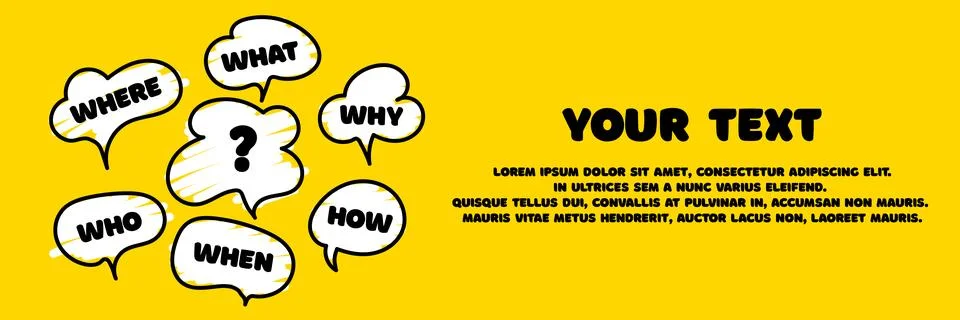 Question who, what, how, why, for what and where. Doodle speech bubbles wit.. Stock Illustration