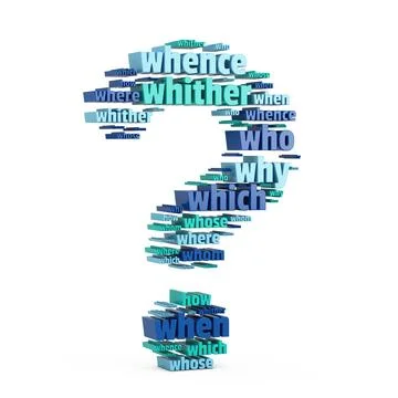 Question Words in Shape of Question Mark. 3d Rendering Illustrazione stock