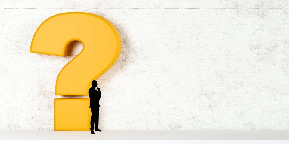 Question. Yellow question mark and silhouette of thinking man on white backgr Stock Photos