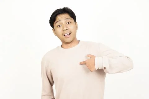 Questioning Asian Man Pointing Thumb at Himself Stock Photos