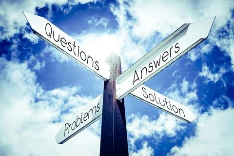 Questions, answers, problems, solution concept - signpost with four arrows Stock Illustration
