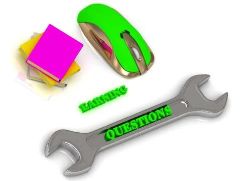 QUESTIONS  bright volume letter on silver instrument, textbooks and computer イラスト素材