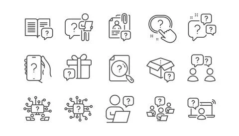 Questions line icons. Artificial Intelligence computer, phone with Question mark Stock Illustration
