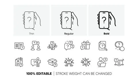 Questions line icons. Artificial Intelligence computer, phone with Question mark Stock Illustration