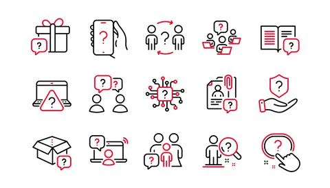 Questions line icons. Problem solve, Artificial Intelligence computer, Phone Illustrazione stock