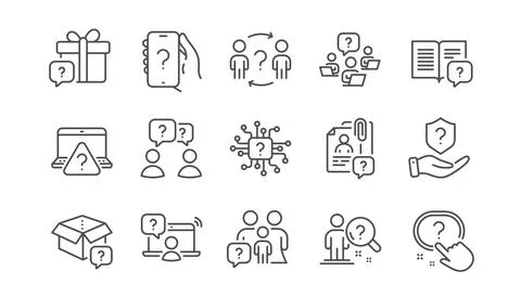Questions line icons. Problem solve, Artificial Intelligence computer, Phone Stock Illustration