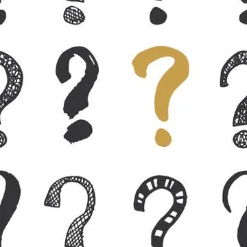 Questions marks seamless pattern. Hand drawn sketched doodle signs, grunge te Stock Illustration