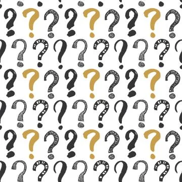 Questions marks seamless pattern. Hand drawn sketched doodle signs, grunge te Stock Illustration