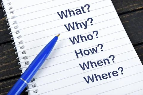 Questions text on notepad Stock Photos