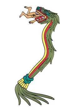 Quetzalcoatl devours a human, the plumed serpent, Aztec god of life 스톡 일러스트