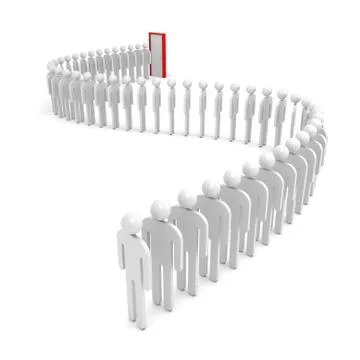 A queue of abstract people waiting near the red door. 3d render illustration  Illustration
