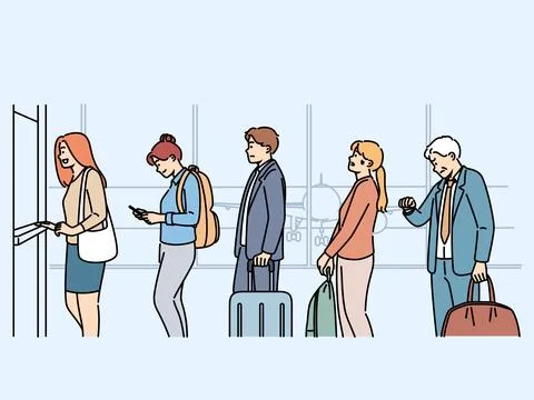 Queue at airport of people taking off by plane and passing through customs Illustrazione stock