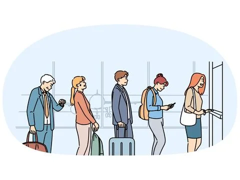 Queue at airport of people taking off by plane and passing through customs Illustrazione stock