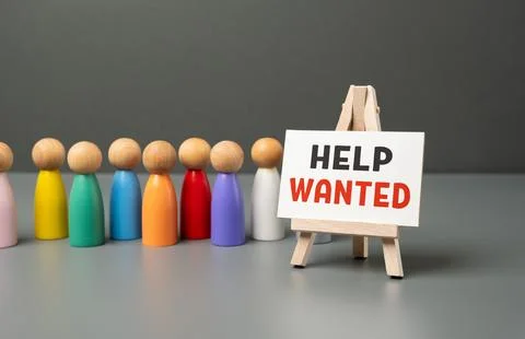 Queue and help wanted sign. Job candidates. Simplification of procedures for  Stock Photos