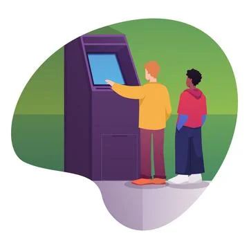 A queue at an ATM indoors with a green wall, isolated round frame. イラスト素材