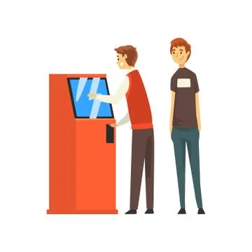 Queue at ATM, Man Getting Money Through Cash Dispenser, Banking service Vector 스톡 일러스트