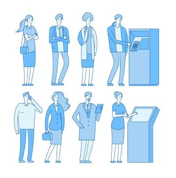 Queue atm. People in line to banking atm cash withdrawal money payment. Woman Illustrazione stock