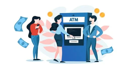 Queue to the ATM. People standing and waiting in line 스톡 일러스트