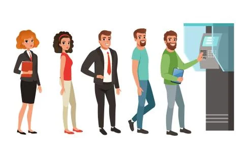 Queue at ATM, People Standing and Waiting in Line at Terminal Vector Illustrazione stock