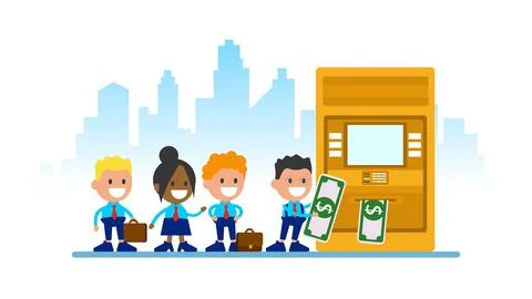 Queue at the automated teller machine.	 Stock Illustration