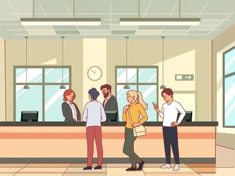 Queue at bank. Business interior with office workers, clients standing in row Stock Illustration