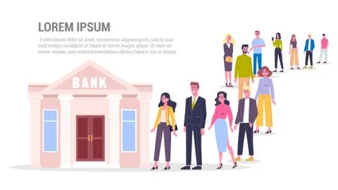 Queue to the bank. Many people standing and waiting in line Stock Illustration
