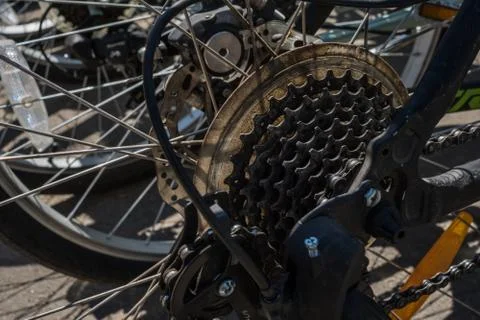 The queue of bicycles. Wheels of bicycles. texture. background Stock Photos