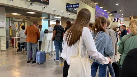 Queue to board the plane at Pulkovo airport Stock Footage 139745174