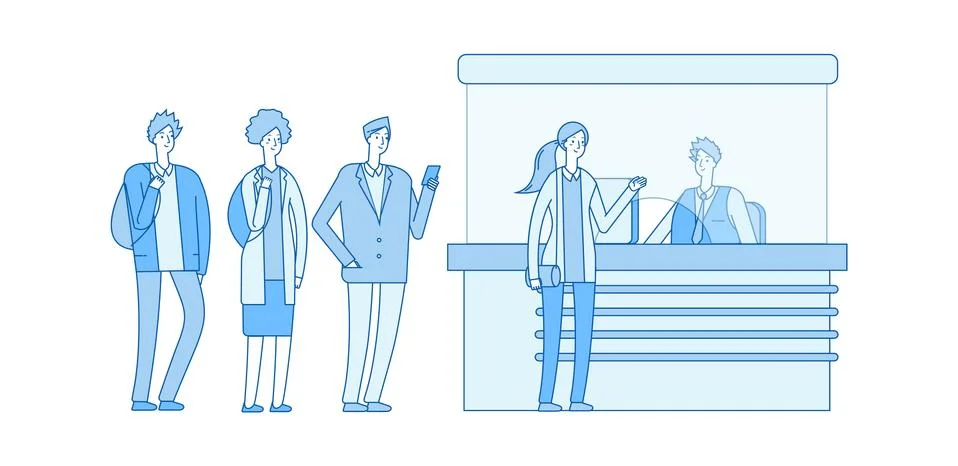 Queue at box office at station. Waiting line, cash register window. Isolated イラスト素材