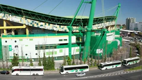 Queue Of Bus Parked Outside Jose Alvalade Stadium In Lisbon, Portugal. - Stock Footage 151504679