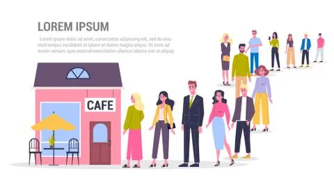 Queue to the cafe. People standing and waiting in line. Crowd Stock Illustration