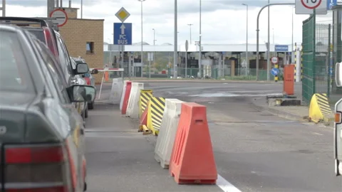 Queue of cars on the Belarusian-Polish border. Stock Footage 88004433