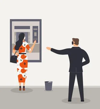 Queue of clients to receive cash at teller machine in bank during epidemic Stock Illustration