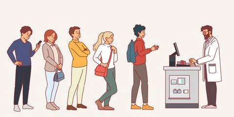 Queue at counter. Waiting customers chain, seller serves customers, people stand イラスト素材