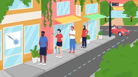 Queue at covid vaccination centre flat color vector illustration Stock Illustration