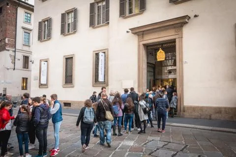 Queue of customer come to dedicate a book in the Duomo shop in Milan, Italy Stock Photos
