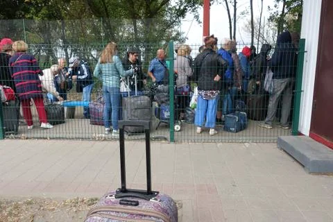 Queue for customs and passport control at the pedestrian crossing of the Stock Photos